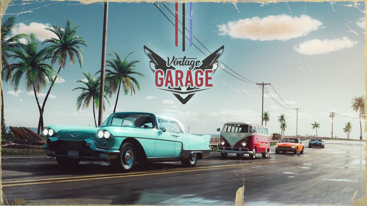 The Crew Motorfest preview: A line of retro, 1950s cars are racing along a wet road lined with palm trees.